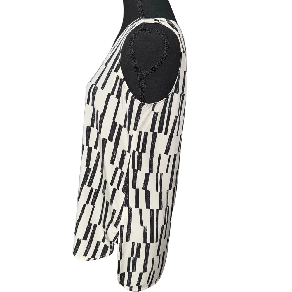 VINCE WOMENS VNECK BLOCK PRINT SLEEVELESS SILK BLOUSE IN BLACK|WHITE-SIZE MEDIUM - Picture 6 of 10
